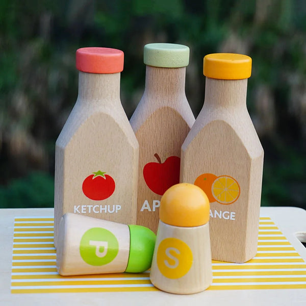 Montessori Kitchen Toys Wooden Kitchen Play House Simulation Play House Condiment Bottles Educational Toy for Children Gift