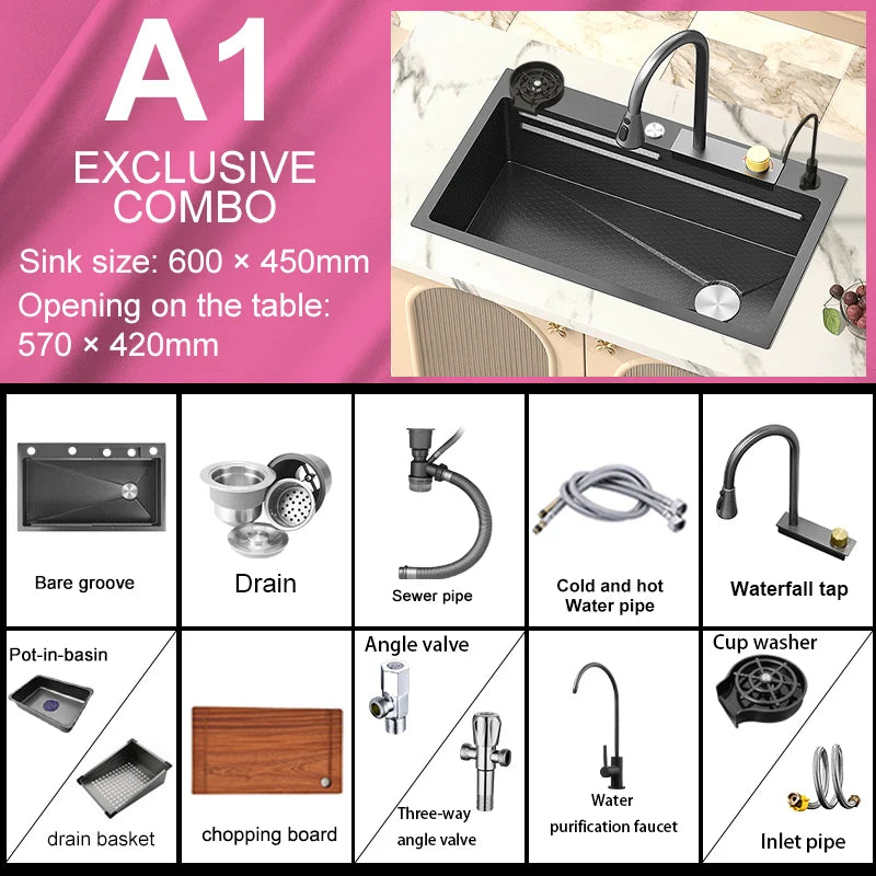 Waterfall Sink Kitchen Stainless Steel Topmount Sink Embossed Large Single Slot Wash Basin With Multifunction Tank Low Price