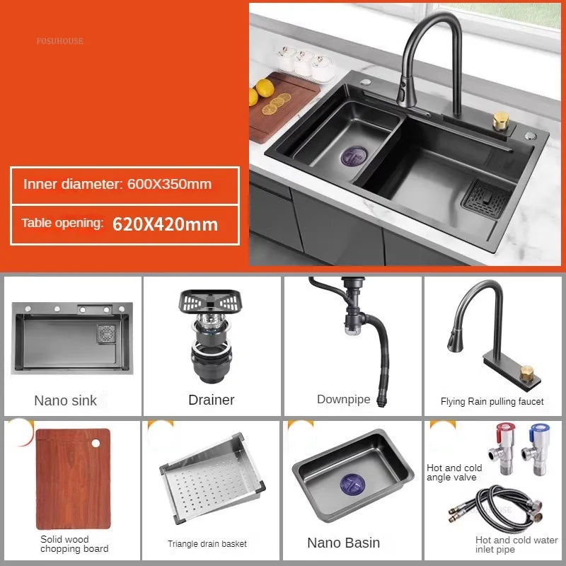 Nordic Metal Kitchen Sinks for Bar Counter Smart Digital Display with Cup Washer Sinks Light Luxury Design Sink for Dining Room