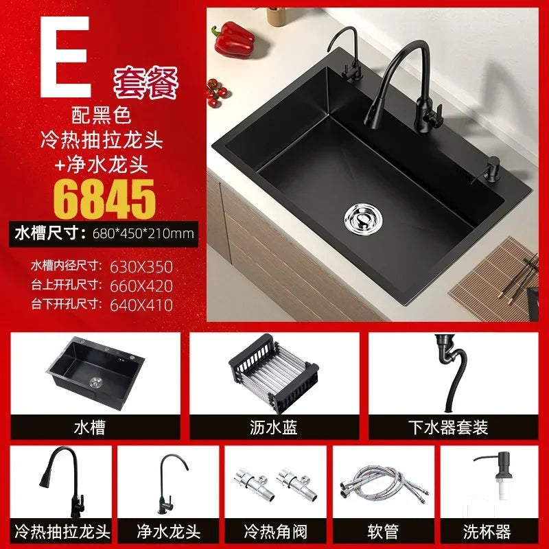 Stainless Steel Kitchen Sinks Black Nano Large Single Tank Countertop Basin Home Kitchen Vegetable Sink 304 Thickened Wash Basin