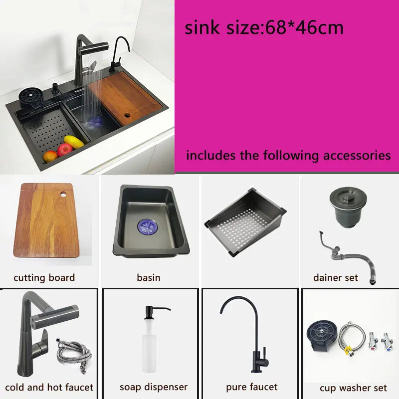Kitchen Sink honeycomb anti-scratch nano technology left drain Above Mount Washing Basin Stainless Steel sinks waterfall faucet