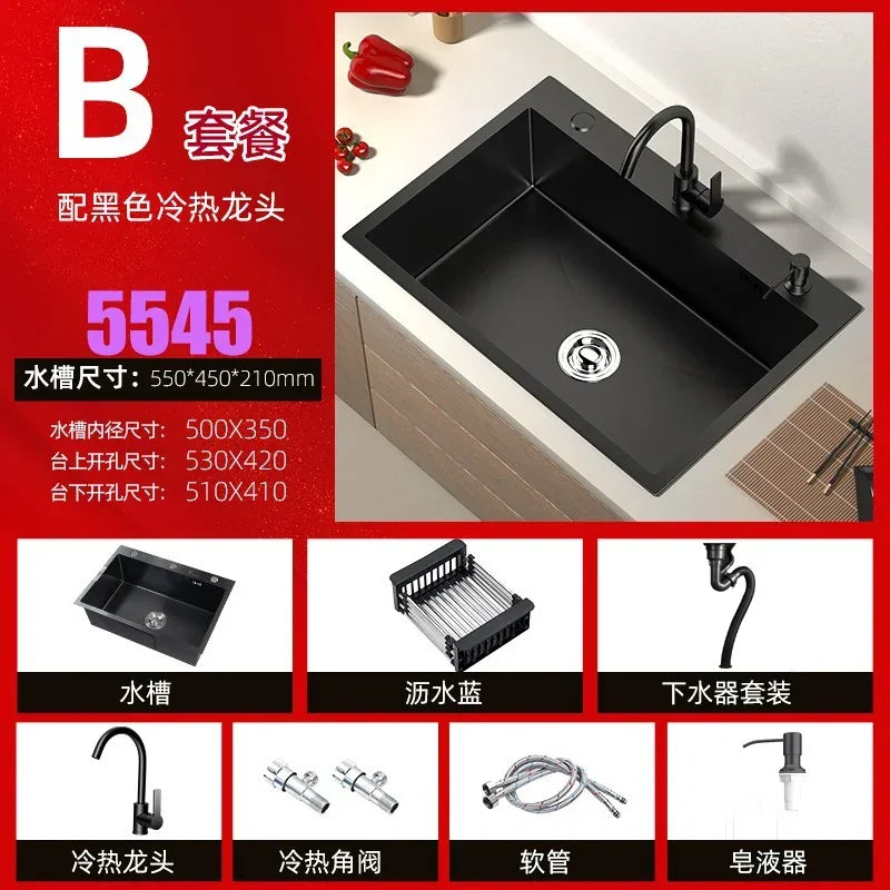 Stainless Steel Kitchen Sinks Black Nano Large Single Tank Countertop Basin Home Kitchen Vegetable Sink 304 Thickened Wash Basin