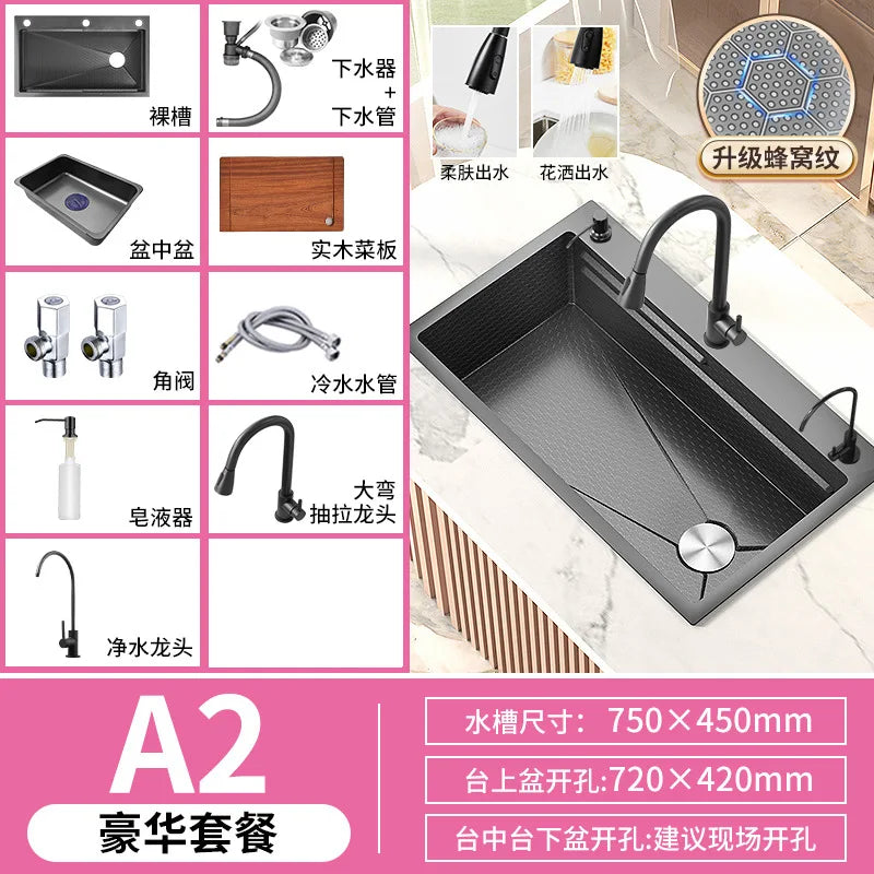 Honeycomb Embossed 304 Stainless Steel Sink, Kitchen Sink 304 Large Single Sink, Thickened Vegetable Basin, Dishwasher