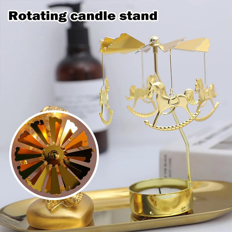 Golden Rotating Candle Holder Romantic Metal Tealight Candle Holder for Christmas Home Decoration Dinner Wedding Bar Party