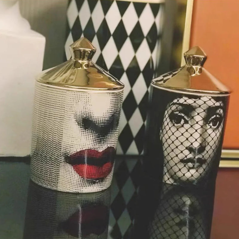 Gold Handmade Ceramic Empty Candle Holder Incense Candles Jar Lady Face Red Lip Cup Living Room Ornaments Home Decoration Box Cr