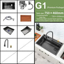 Black Nano Kitchen Sink 304 Stainless Steel Waterfall Sink Basin Large Single Bowl with Multifunction Touch Waterfall Faucet