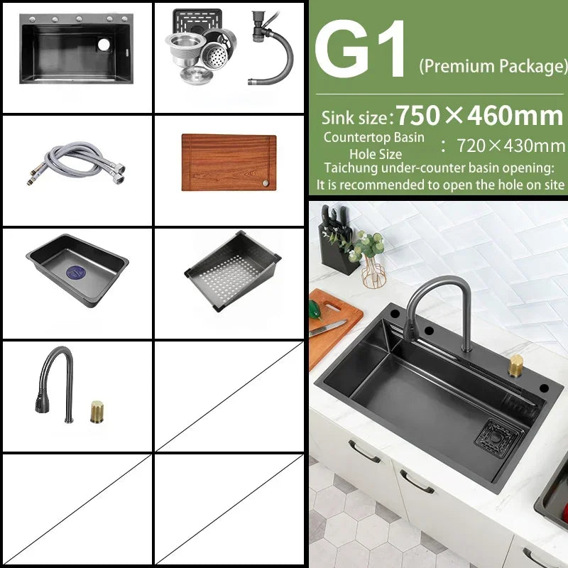 Black Nano Kitchen Sink 304 Stainless Steel Waterfall Sink Basin Large Single Bowl with Multifunction Touch Waterfall Faucet