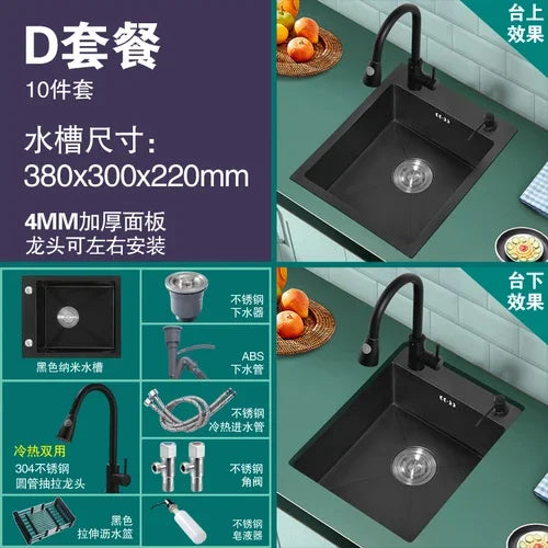 304 Stainless Steel Kitchen Sinks Bar Balcony Mini Sink Single Tank Black Nano Kitchen Accessories Thicken Wash Basin Small Sink