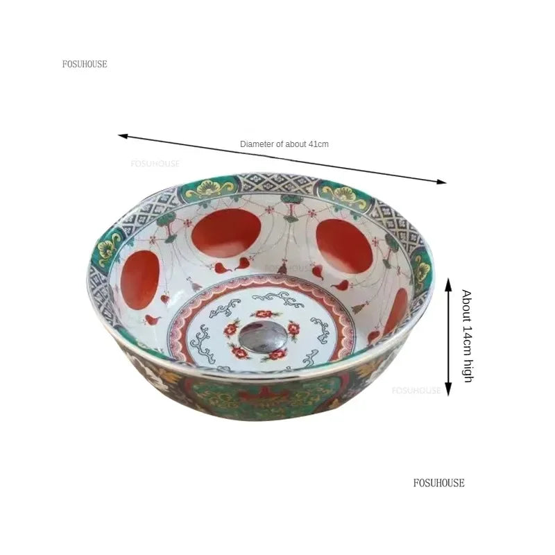 American Art Bathroom Sinks European Ceramic Wash Basin Retro Home Round Single Basin Balcony Toilet Creative Hand Painted Basin