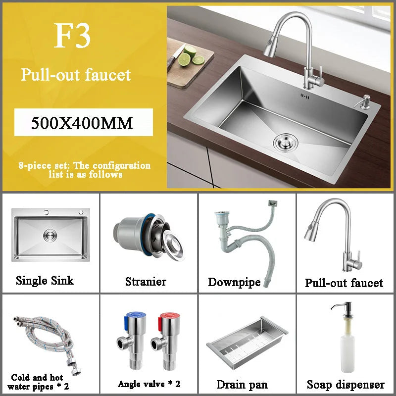 Stainless Steel Kitchen Sink Farmhouse Above Counter Undermounter Single Bowel Wash Basin With Gourmet Faucet Drain Accessories