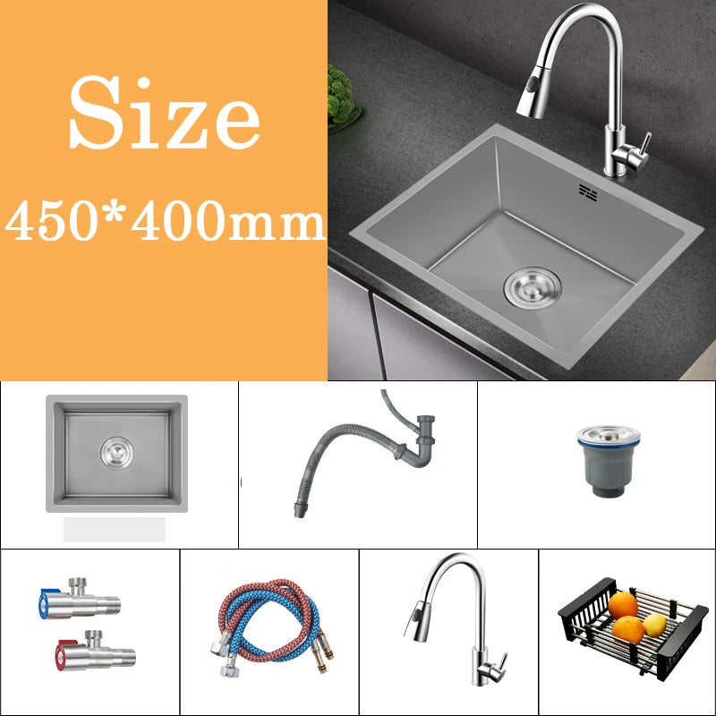 Small Gray Kitchen Sink Above Counter or Undermount 304 Stainless Steel Single Bowl Washing Basin Drain Accessories for Kitchen