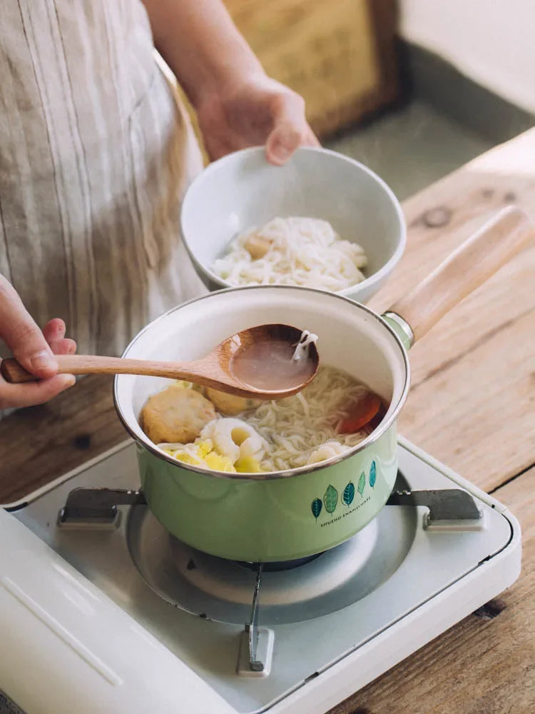 Wood single handle glass cover porcelain enamel baby food noodle soup milk stew pot Japanese small cooking stewpan thicken