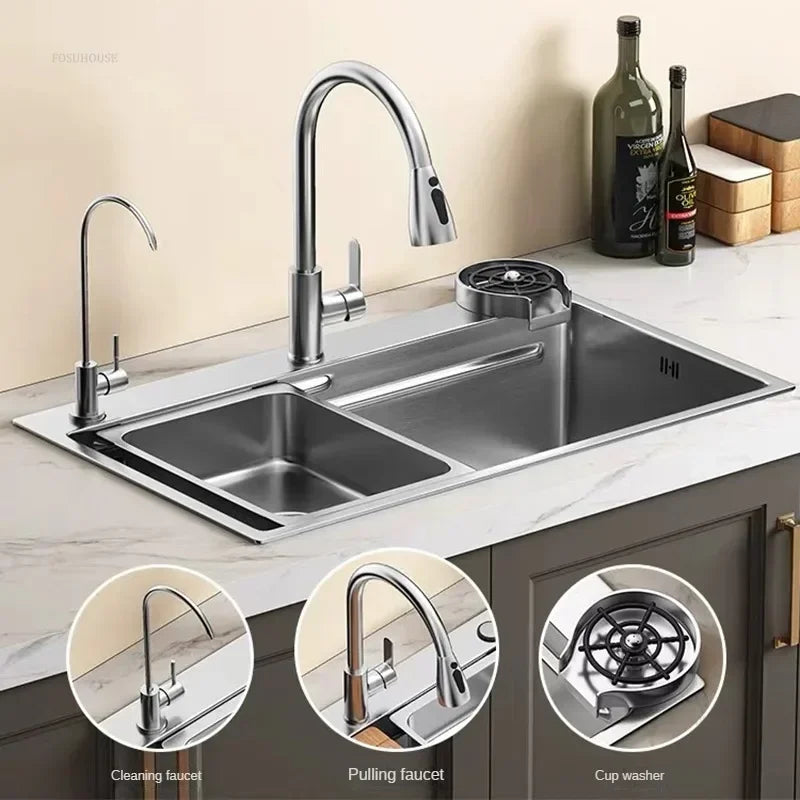Light Luxury Silver Nano Sink for Kitchen Modern Stainless Steel Three-hole Kitchen Sinks Creative Household Sinks for Balcony