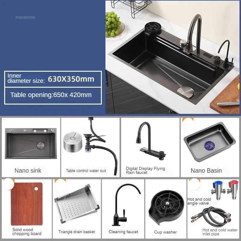 Nordic Metal Kitchen Sinks for Bar Counter Smart Digital Display with Cup Washer Sinks Light Luxury Design Sink for Dining Room