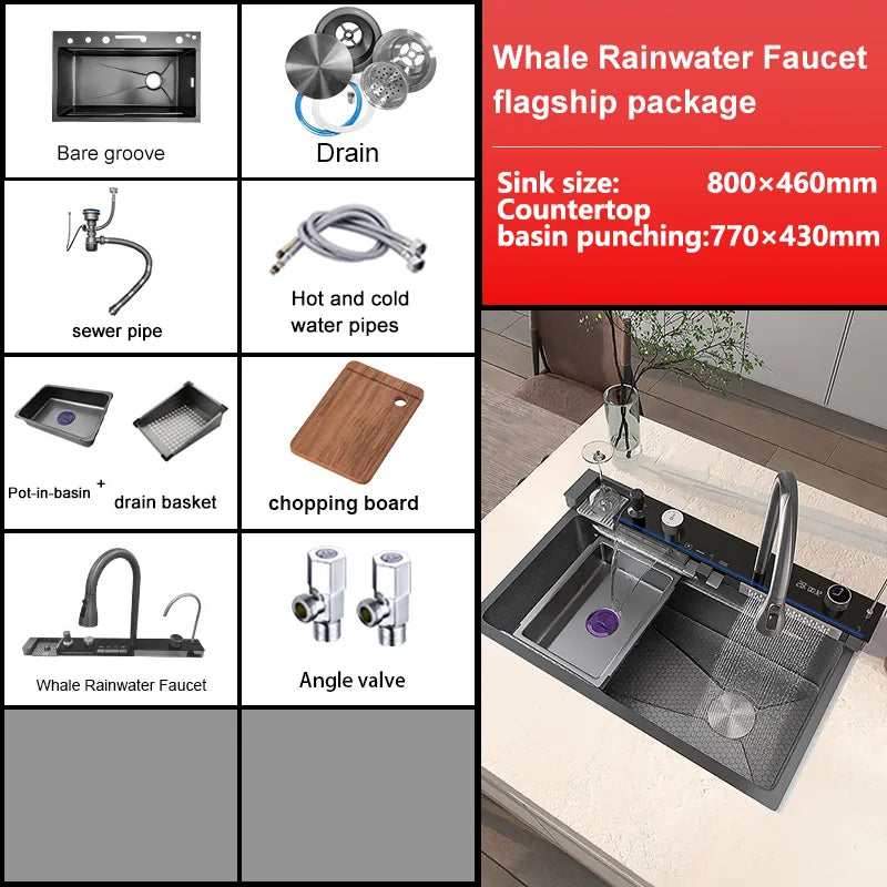 Stainless Steel Kitchen Sink with Trash Can Embossed Wash Basin with Waterfall Faucet Digital Display Large Single Solt