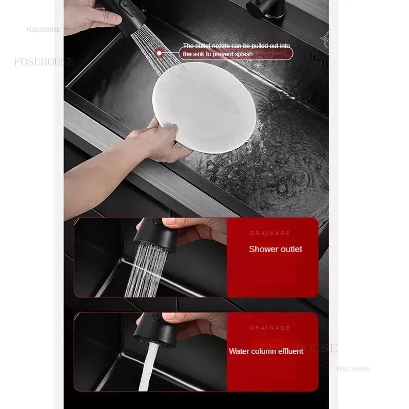 German Nano Sinks for Apartments Black Metal Three-hole Drain Kitchen Sink Light Luxury Household Kitchen Sink for Rental Houses