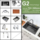 Black Nano Kitchen Sink 304 Stainless Steel Waterfall Sink Basin Large Single Bowl with Multifunction Touch Waterfall Faucet