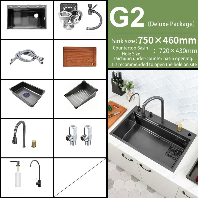 Black Nano Kitchen Sink 304 Stainless Steel Waterfall Sink Basin Large Single Bowl with Multifunction Touch Waterfall Faucet