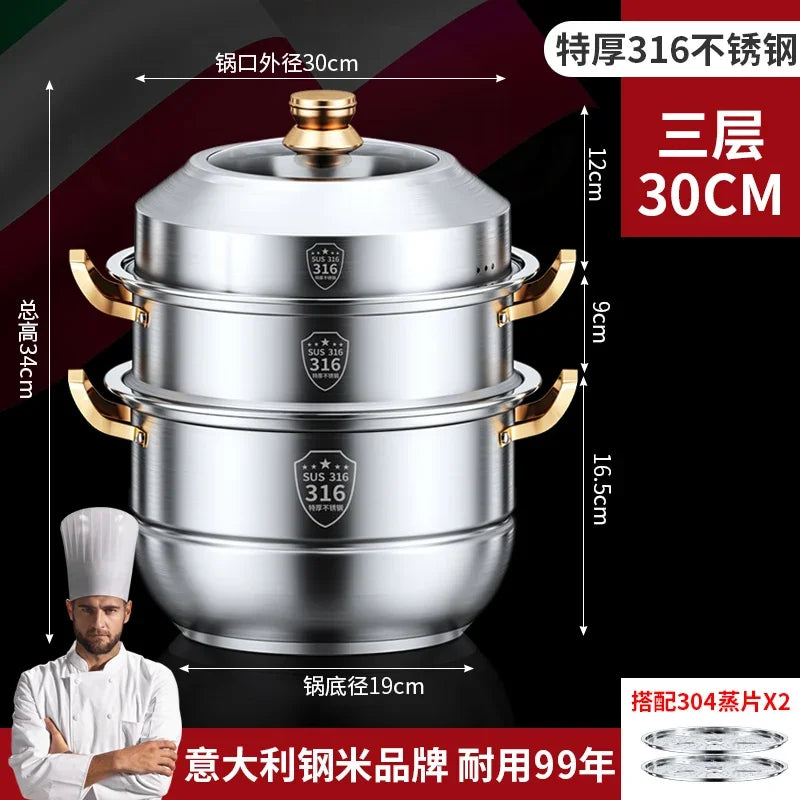 316 Stainless Steel Steam Pot 40cm Steamer Pot Home Appliance 4 Layers Steamer Cooker Soup Pots for Cooking Hotpot Cookware Set