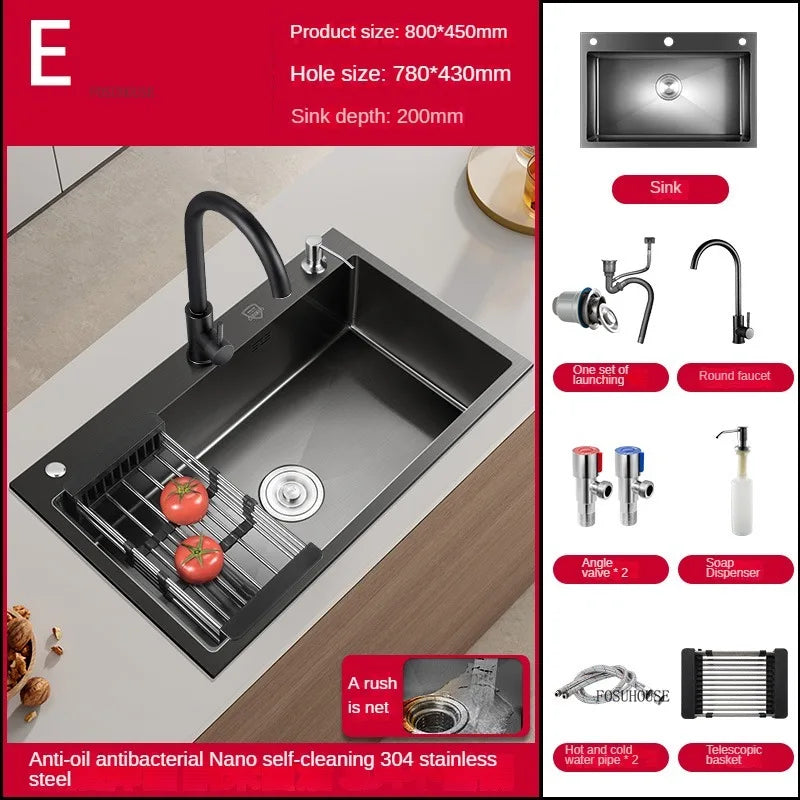 German Nano Sinks for Apartments Black Metal Three-hole Drain Kitchen Sink Light Luxury Household Kitchen Sink for Rental Houses