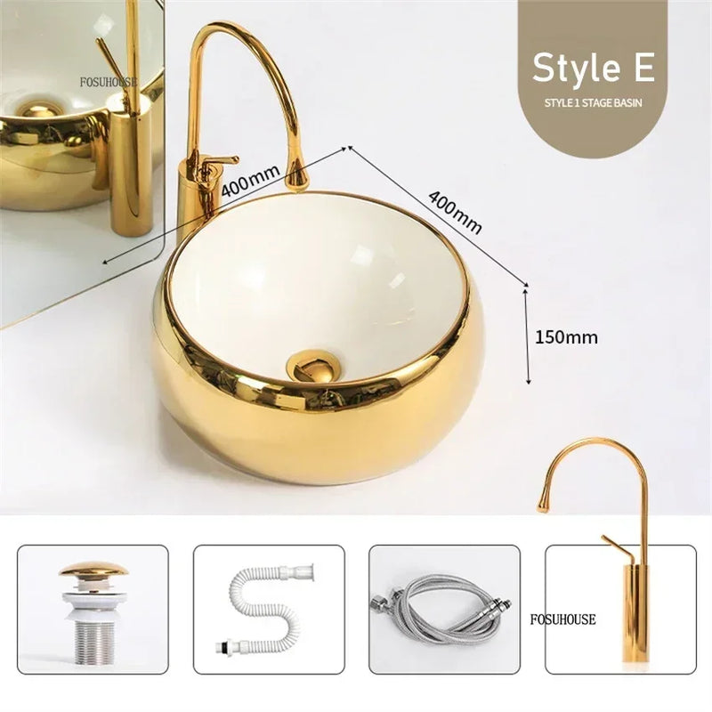 Luxury Gold Ceramic Tabletop Bathroom Sinks Home Hotel European Minimalist Household Washbasin Square Bathroom Wash Basins d