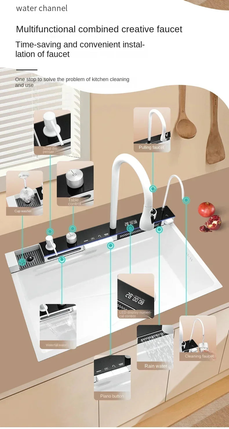 White Nano Multifunctional Kitchen Sink 304 Stainless Steel Large Single Sink Integrated Kitchen Digital Waterfall Faucet