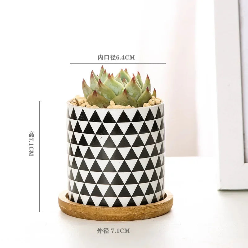 Nordic Geometric Pattern Ceramic Succulent Pot Straight Simple Black and White Home Decoration Succulent Small Potted Plant