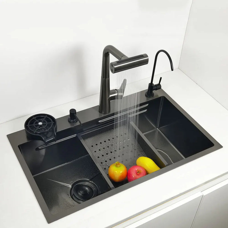 Kitchen Sink honeycomb anti-scratch nano technology left drain Above Mount Washing Basin Stainless Steel sinks waterfall faucet