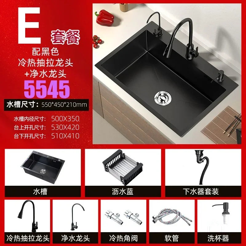 Stainless Steel Kitchen Sinks Black Nano Large Single Tank Countertop Basin Home Kitchen Vegetable Sink 304 Thickened Wash Basin
