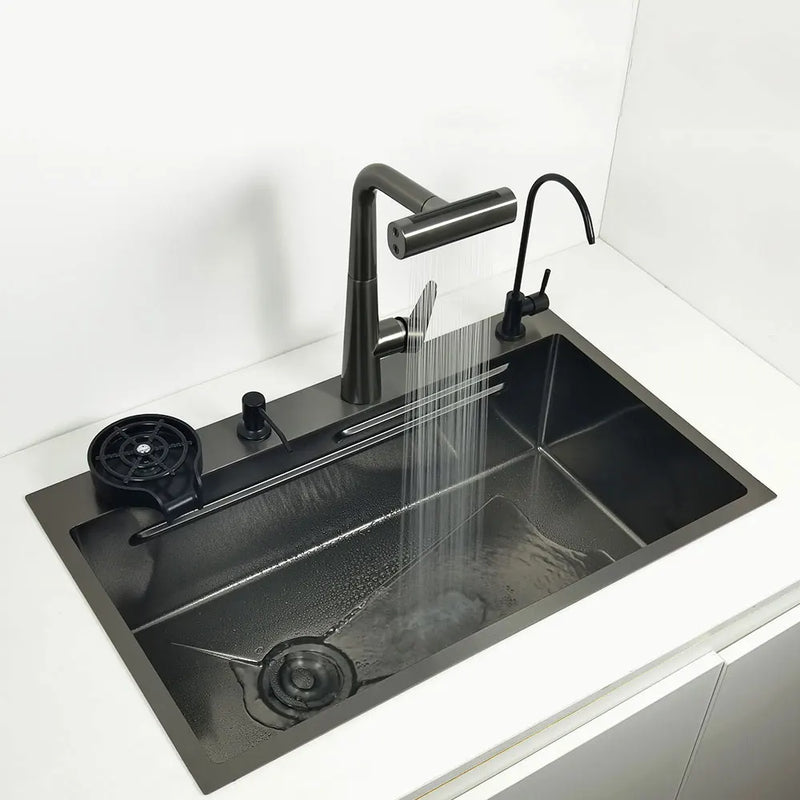 Kitchen Sink honeycomb anti-scratch nano technology left drain Above Mount Washing Basin Stainless Steel sinks waterfall faucet