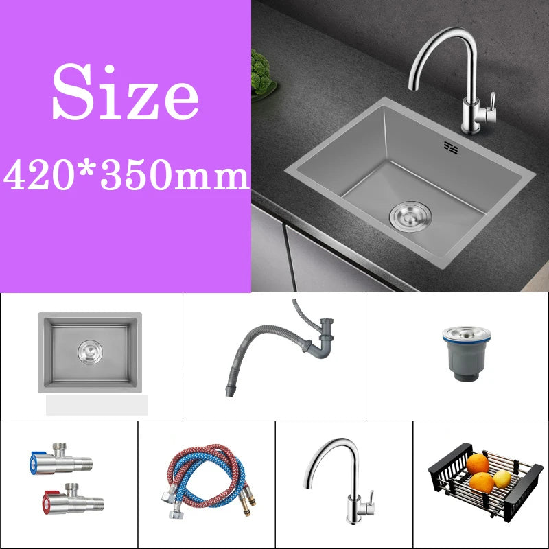 Small Gray Kitchen Sink Above Counter or Undermount 304 Stainless Steel Single Bowl Washing Basin Drain Accessories for Kitchen