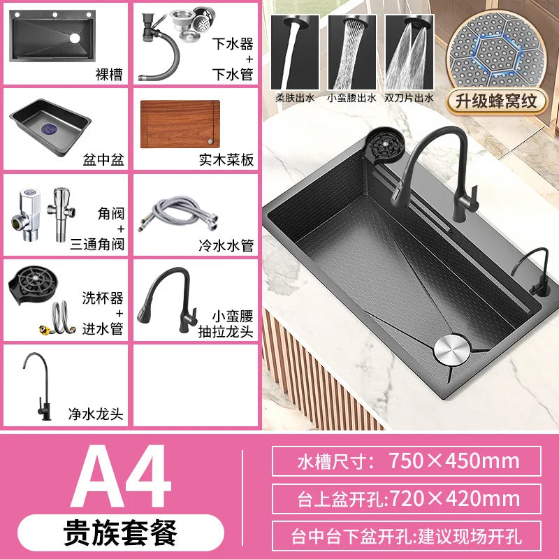 Honeycomb Embossed 304 Stainless Steel Sink, Kitchen Sink 304 Large Single Sink, Thickened Vegetable Basin, Dishwasher