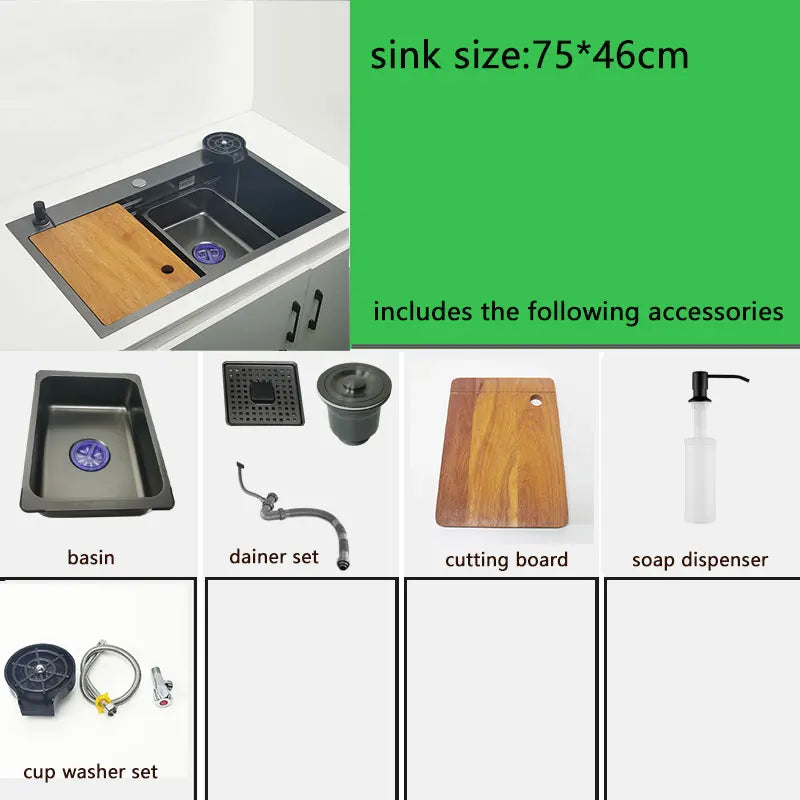 Matte Black Nano Kitchen Sink Above Mount Washing Basin with chopping board 304 Stainless Steel Single black kitchen sink