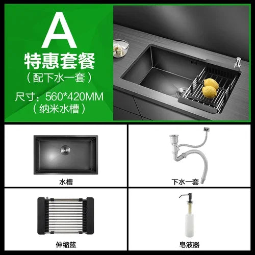 Kitchen Sinks Single Slot Black Kitchen Nano Sink 304 Stainless Steel Sink Under Counter Basin Home Kitchen s Accessories