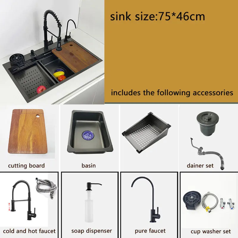 Kitchen Sink honeycomb anti-scratch nano technology left drain Above Mount Washing Basin Stainless Steel sinks waterfall faucet