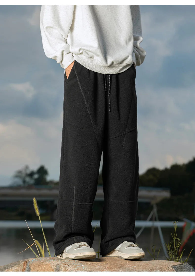 Splicing Split Design Shake Velvet Casual Pants Men's Autumn Winter Loose Leg Adjustable Drawstring Long Pants Warm  Soft