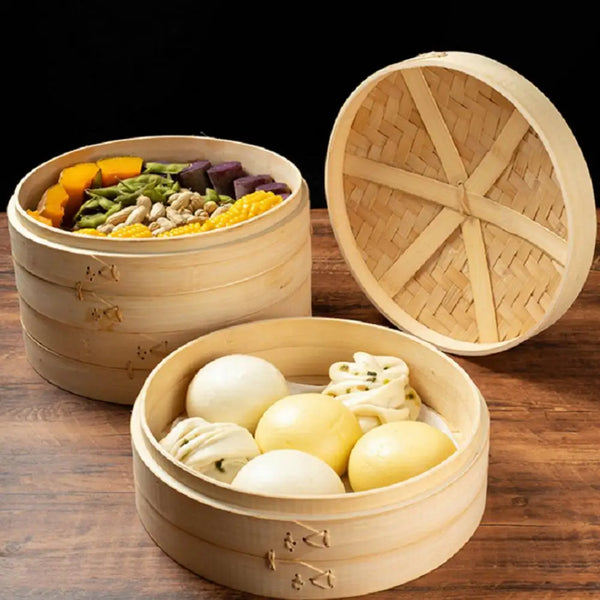 20cm Chinese Dumplings Bamboo Steamer Cooker With Lid Dimsum Steamer Fish Rice Vegetable Basket Kitchen Cooking Tools