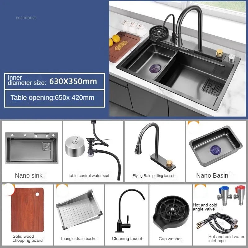 Nordic Metal Kitchen Sinks for Bar Counter Smart Digital Display with Cup Washer Sinks Light Luxury Design Sink for Dining Room