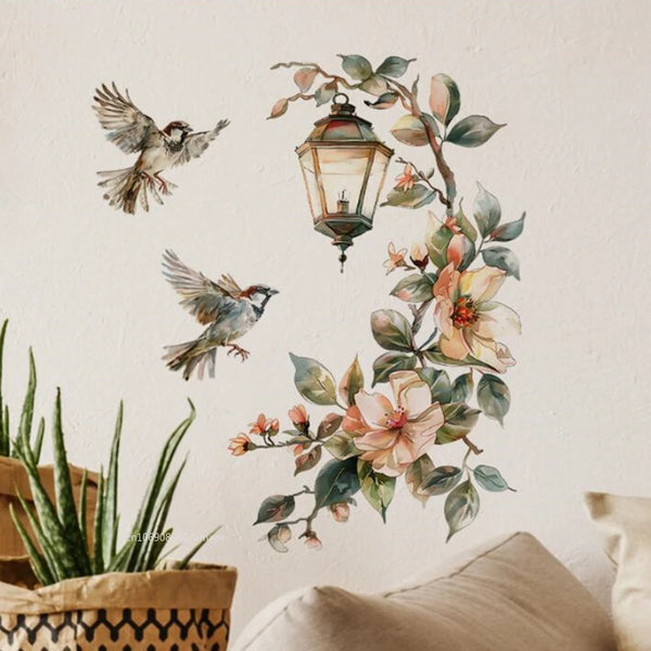 Colorful Flower Pendant Lamp Bird Wall Sticker for Bedroom Living Room Entrance Home Background Decor Self-adhesive Wall Art