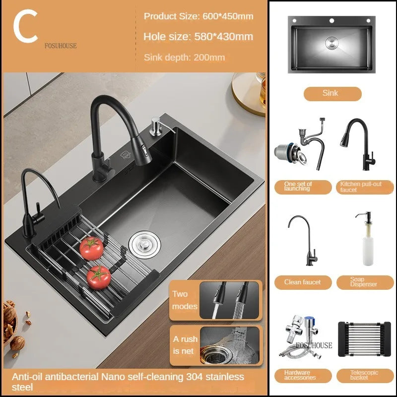 German Nano Sinks for Apartments Black Metal Three-hole Drain Kitchen Sink Light Luxury Household Kitchen Sink for Rental Houses