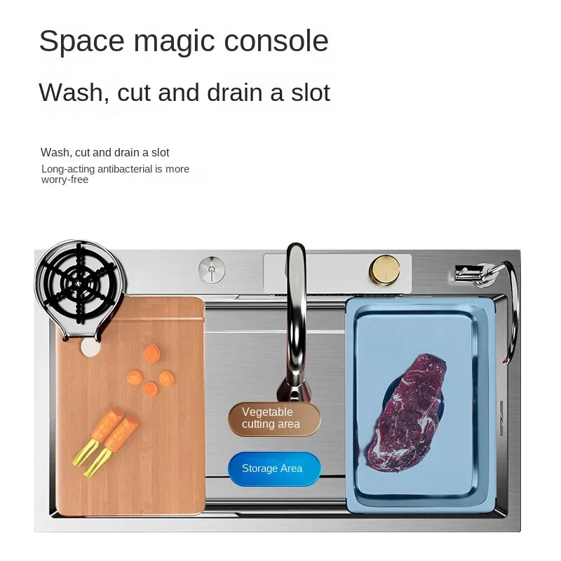 Nano 304 Stainless Steel Sink Waterfall Large Single Slot Kitchen Sink Vegetable Stainless Steel Household Sink