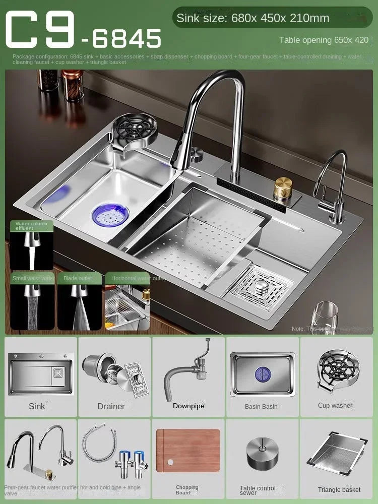 Nano 304 Stainless Steel Sink Waterfall Large Single Slot Kitchen Sink Vegetable Stainless Steel Household Sink