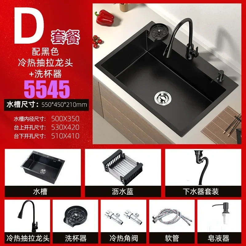 Stainless Steel Kitchen Sinks Black Nano Large Single Tank Countertop Basin Home Kitchen Vegetable Sink 304 Thickened Wash Basin