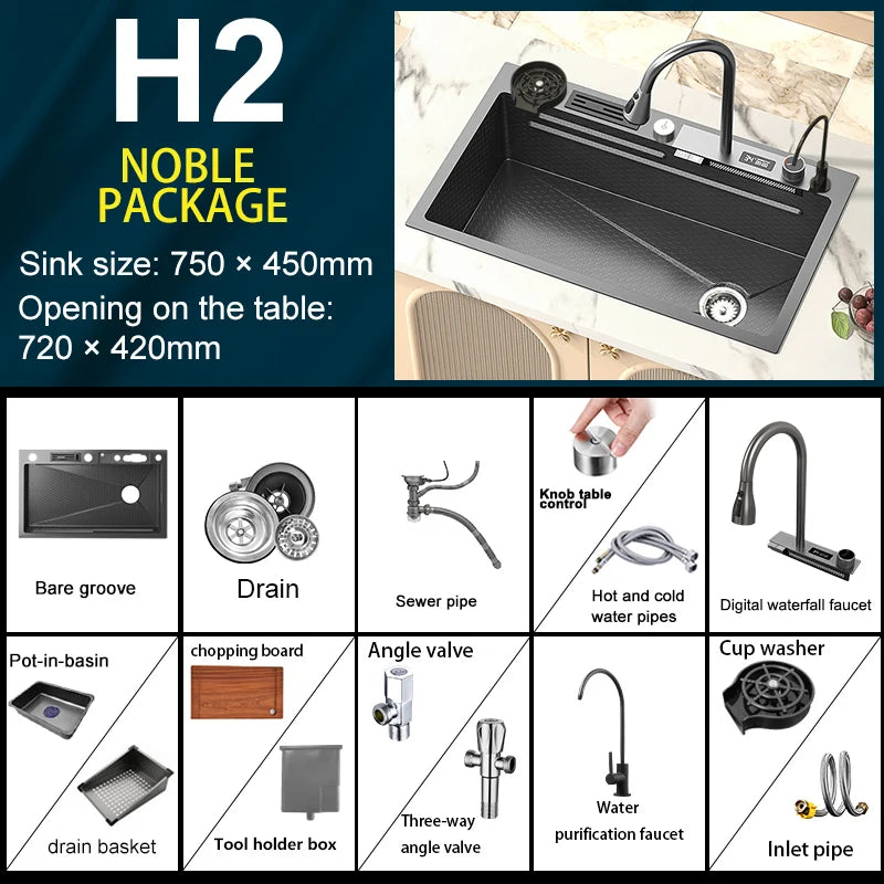 Waterfall Sink Stainless Steel Kitchen Sink Embossed Large Single Slot Ambient light Digital Display Faucet Set Soap Dispenser