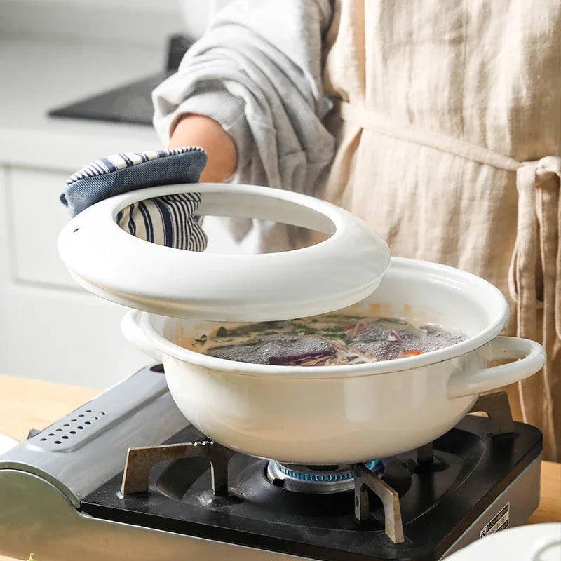 Japanese white porcelain enamel frying pan home thickened tempura double ears soup health stewpan pot induction cooker general
