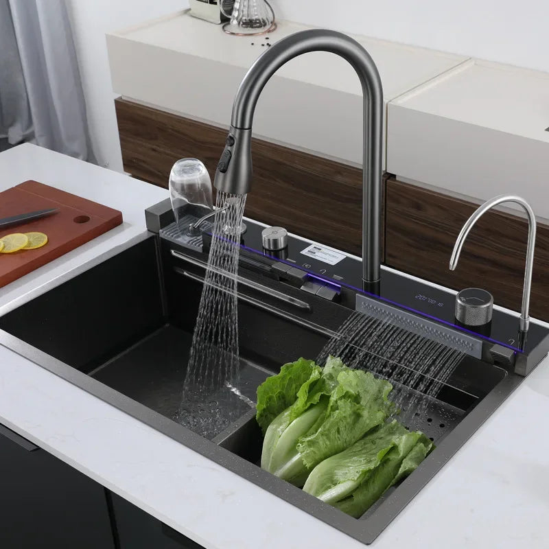 304 Stainless Steel Kitchen Waterfall Sink Digital Display Large Single Sink Dish Basin Sink With Multifunction Touch Waterfall