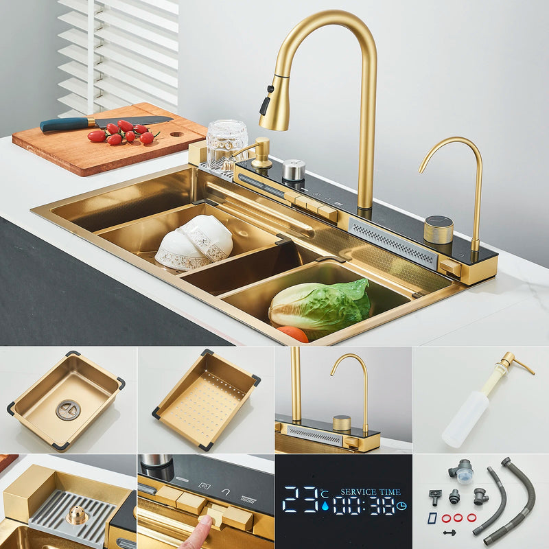 Kitchen Sink Faucet Large Integrate Digital Display Multi-Function Buttons Waterfall Soap Dispenser Cup Washer Kitchen Sink
