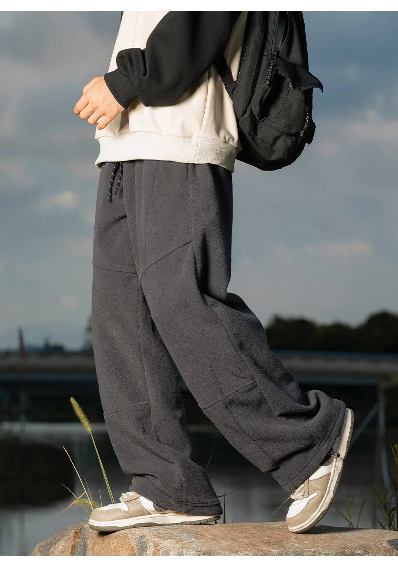 Splicing Split Design Shake Velvet Casual Pants Men's Autumn Winter Loose Leg Adjustable Drawstring Long Pants Warm  Soft