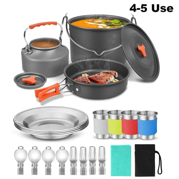 Aluminum Outdoor Camping Cookware Set with Mesh Bag Folding Cookset Camping Kitchen Cooking Teapot and Pans Equipment