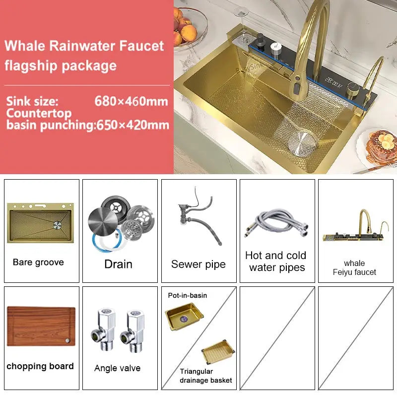 Stainless Steel Waterfall Kitchen Sink Cup Washer Knife Rack Embossed Extra Large Single Slot Apartment Left Side Drainage